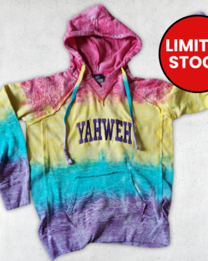 YAHWEH Embroidered Women's Burnout V-Notch Hoodie - Rainbow Stripe